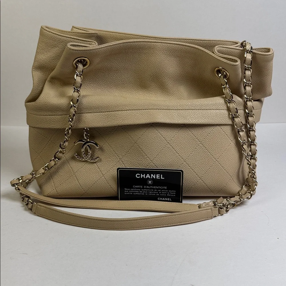 Chanel Large Beige Quilted Calfskin Zip and Carry Tote with‎ COA